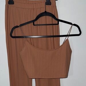 Women's Tan Ribbed Pants & Crop Top Set